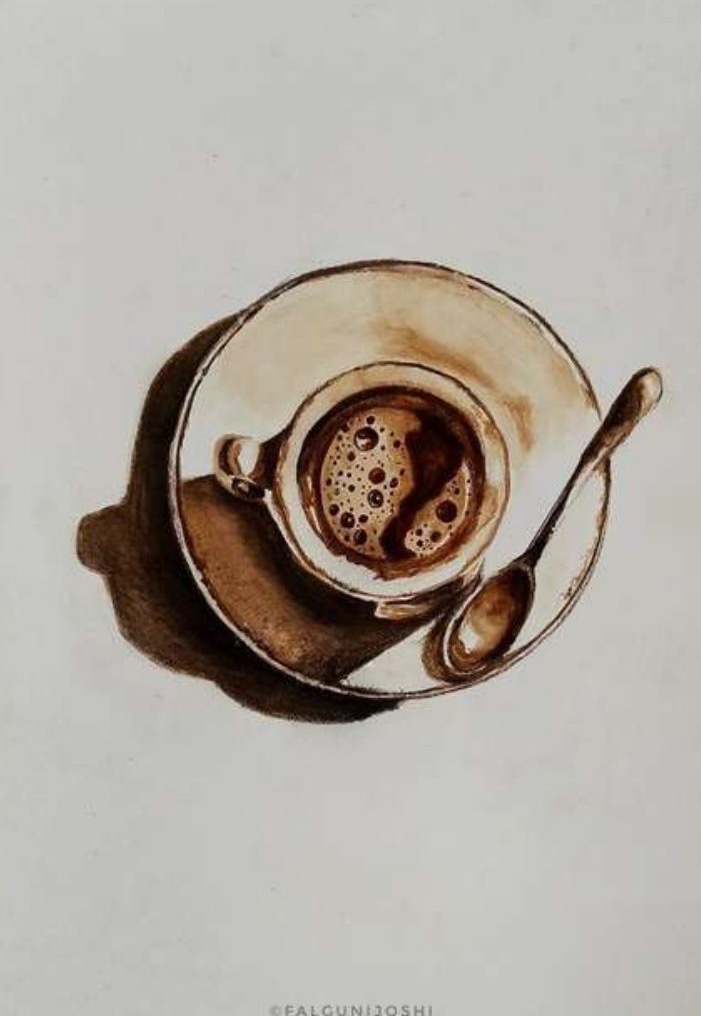 Overhead painting of a coffee cup on its saucer with a spoon, made entirely with coffee