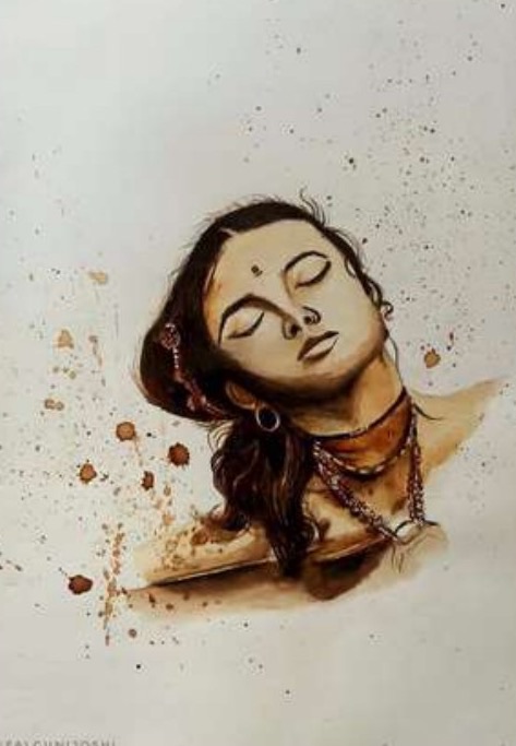 Coffee-wash painting of a woman with closed eyes and dark flowing hair, head tilted back, wearing beaded necklaces, surrounded by scattered coffee splatters on cream paper.