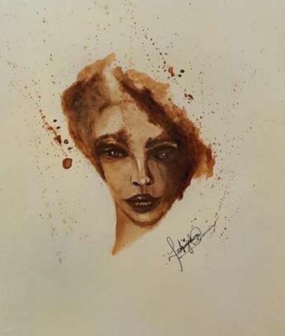 Coffee-toned portrait of a woman's face emerging from an abstract sepia wash, with fine splatter flecks and the artist's signature at right.