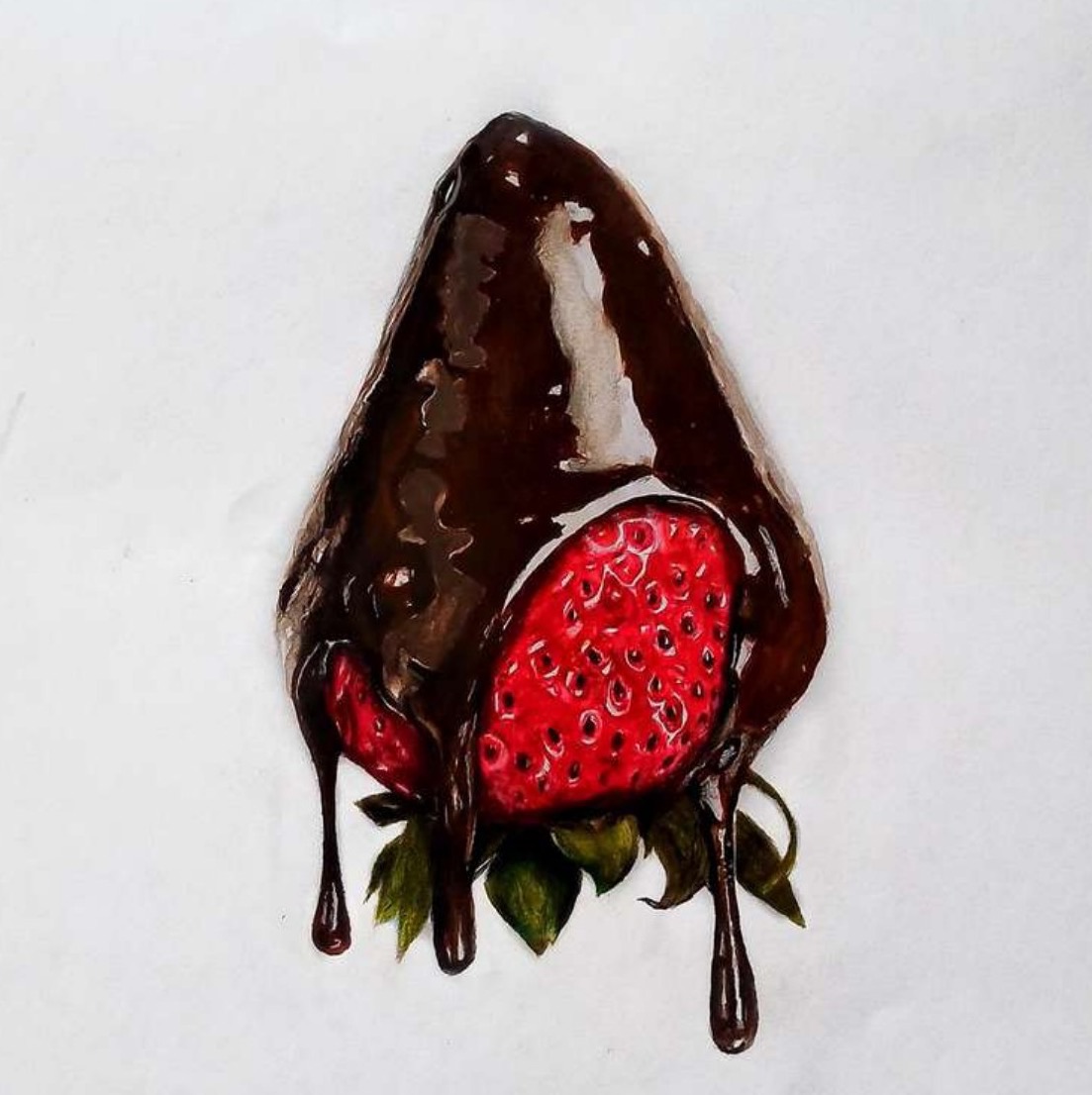 Realistic mixed-media drawing of a chocolate-dipped strawberry with glossy dripping chocolate, bright red fruit and green leaves on white paper.