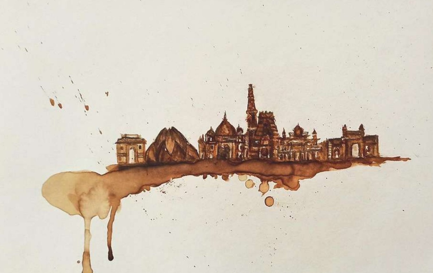 Sepia coffee skyline of Indian monuments including India Gate, the Lotus Temple, Taj Mahal, Qutub Minar and Gateway of India, rising from a poured coffee stain that drips down the left side.