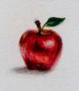 A coin-sized painting of a glossy red apple with a stem and single green leaf, casting a small shadow.