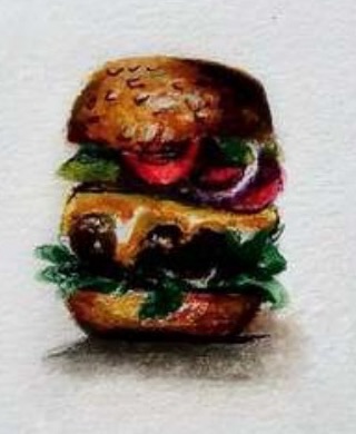 A coin-sized painting of a stacked burger with a sesame bun, cheese, tomato, onion and lettuce, casting a soft shadow.