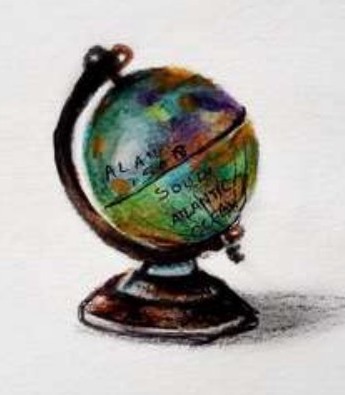 A coin-sized painting of a vintage desk globe on a stand, labelled with the South Atlantic Ocean, casting a shadow to the right.