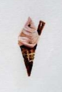 A coin-sized painting of a soft-serve ice cream swirl in a waffle cone with a chocolate stick.