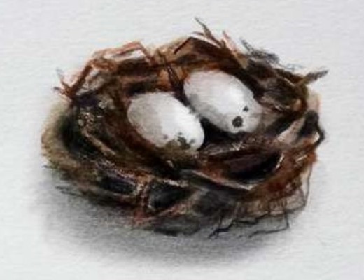 A coin-sized painting of a twiggy bird nest holding two speckled white eggs.