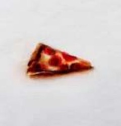 A coin-sized painting of a pepperoni pizza slice resting on white paper.