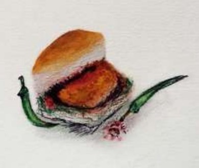 A coin-sized painting of a vada pav sandwich flanked by two green chilies with a small pink flower in front.
