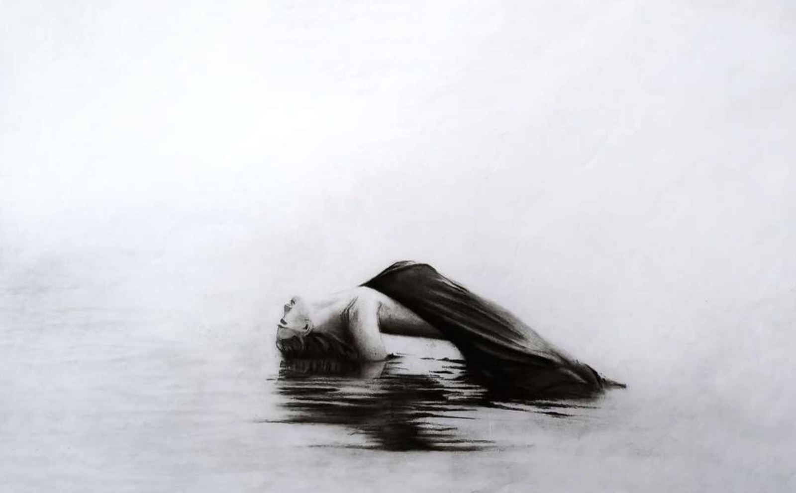 Charcoal drawing of a figure reclining half-submerged in still water, fabric trailing behind