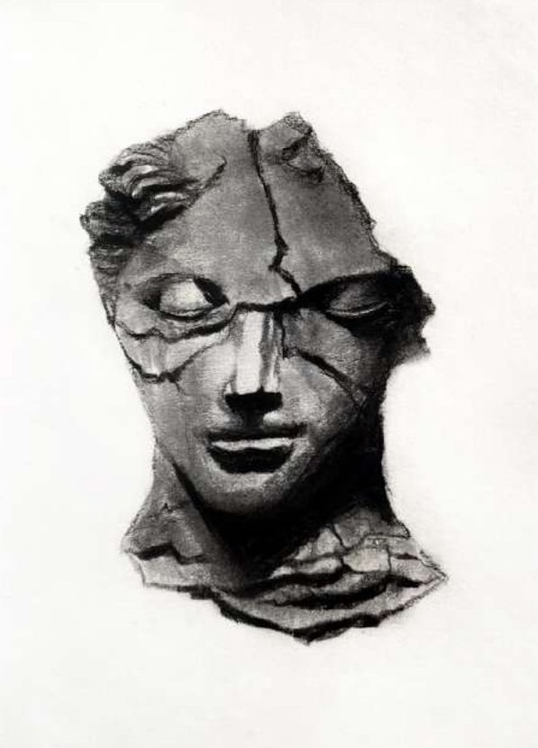 Charcoal drawing of a fractured classical sculpture head with closed eyes and serene mouth, cracks running across the broken face and neck.