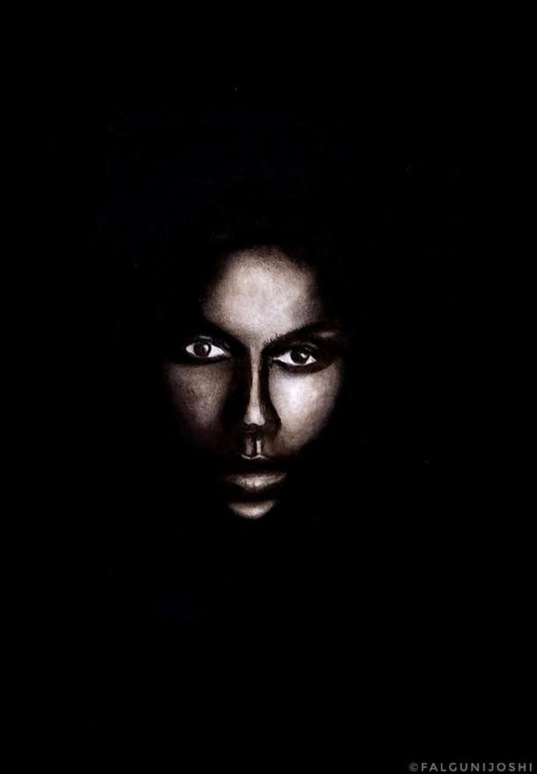Charcoal on black paper: a woman's face emerging from complete darkness, eyes lit