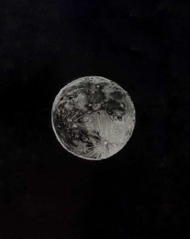The full moon rendered in charcoal, cratered and softly glowing against a solid black sky.