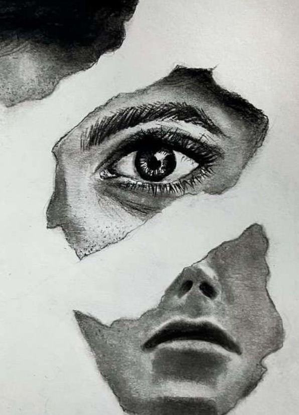 A face revealed through torn-paper openings: a hyper-detailed eye with lashes and brow above, and a nose and lips below, drawn in charcoal.