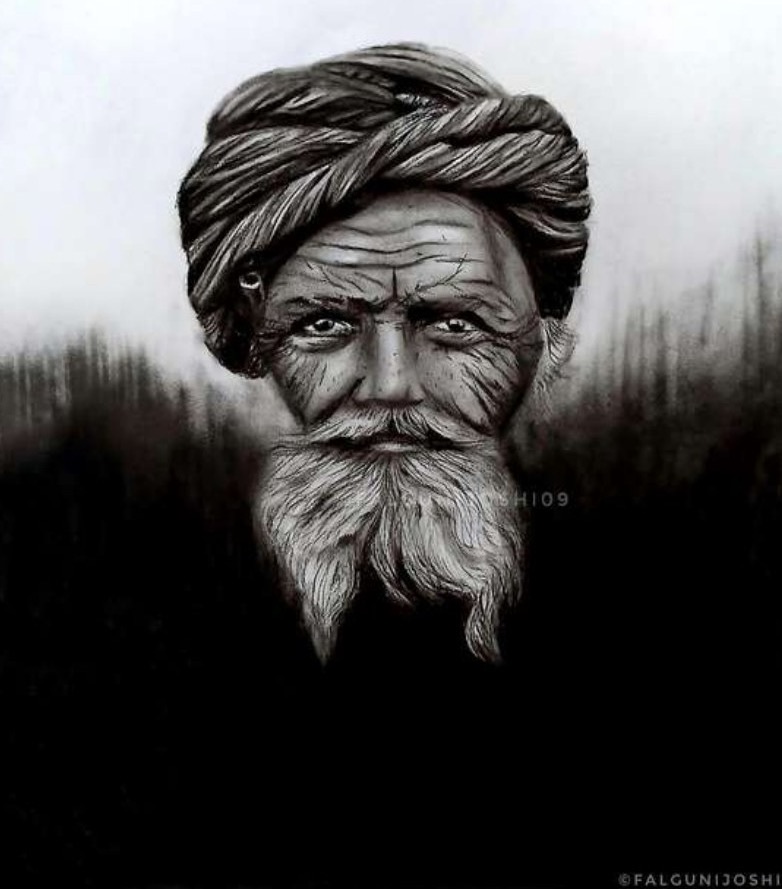 Charcoal portrait of an elderly man with a rope-twisted turban and long white beard, his shoulders dissolving into a dark streaked background.